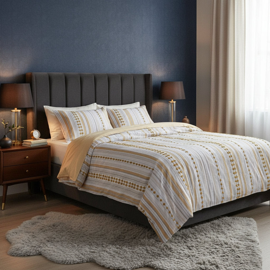 Noam textured cotton duvet cover set on a made bed
