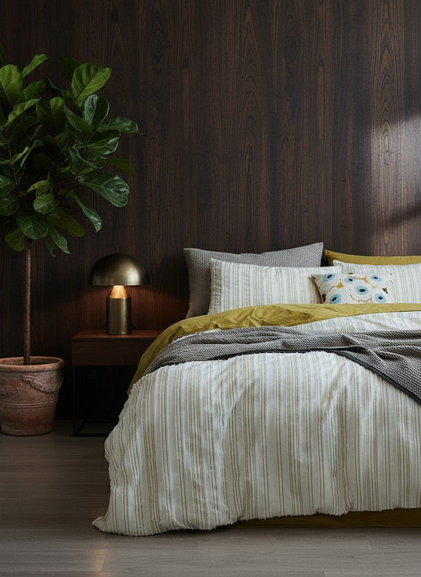 Jade textured cotton duvet cover set on a made bed