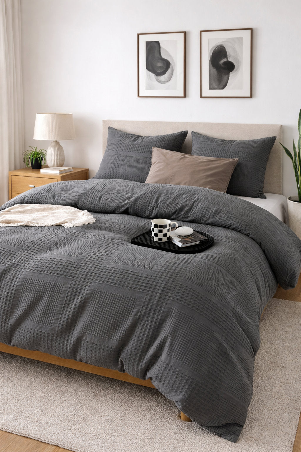 Amber textured cotton duvet cover set on a made bed
