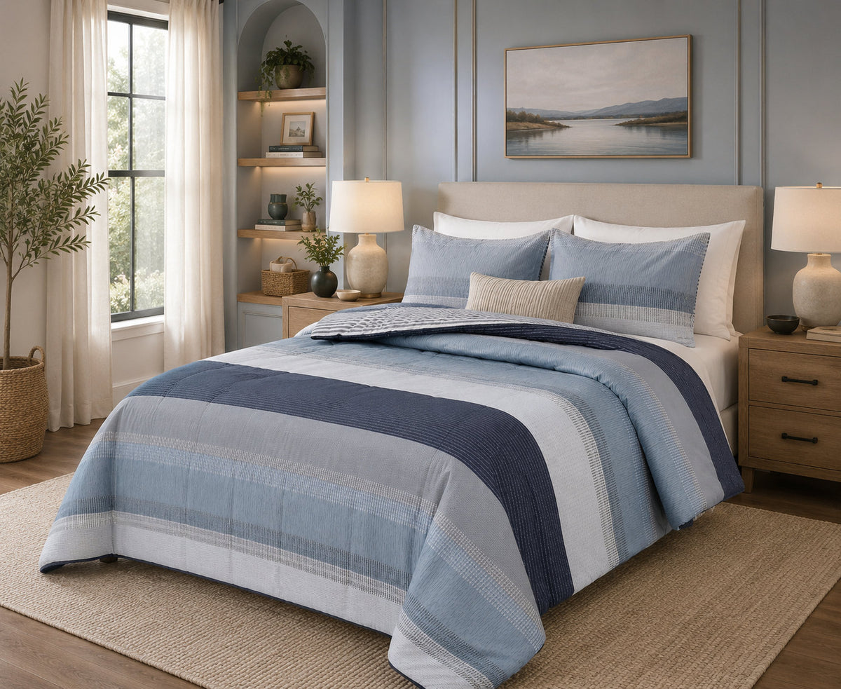 Tom quilted cotton comforter set on a made bed